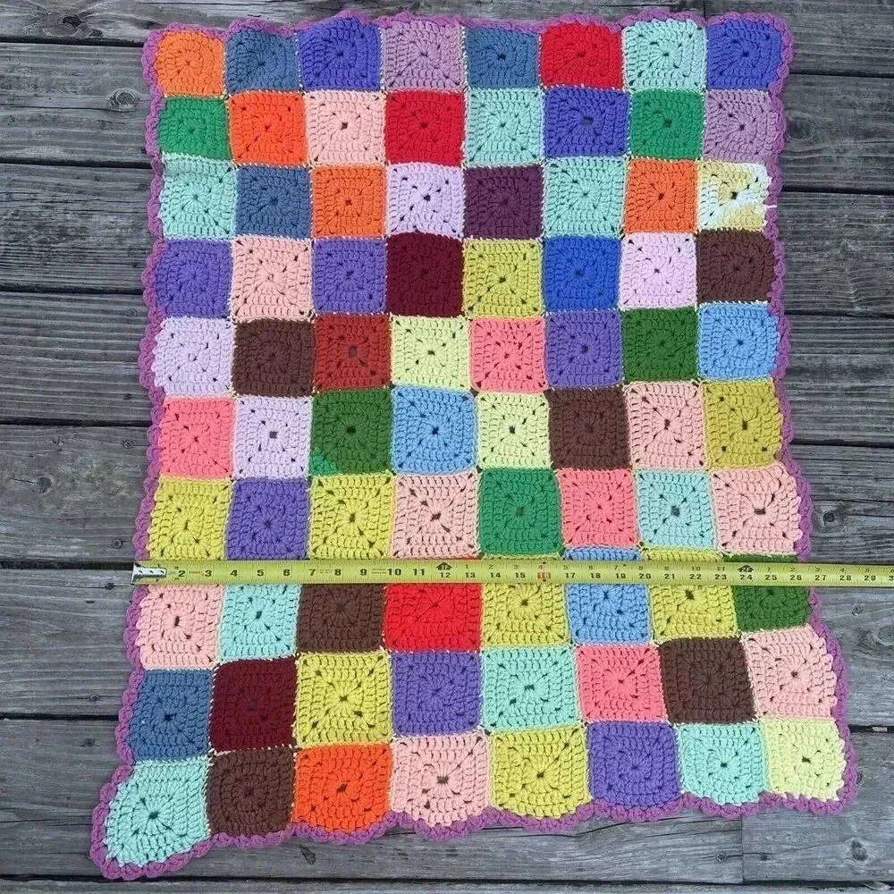 Handmade Crochet Acrylic Granny Squares‎ Blue/Red/Yellow Afghan Blanket 27